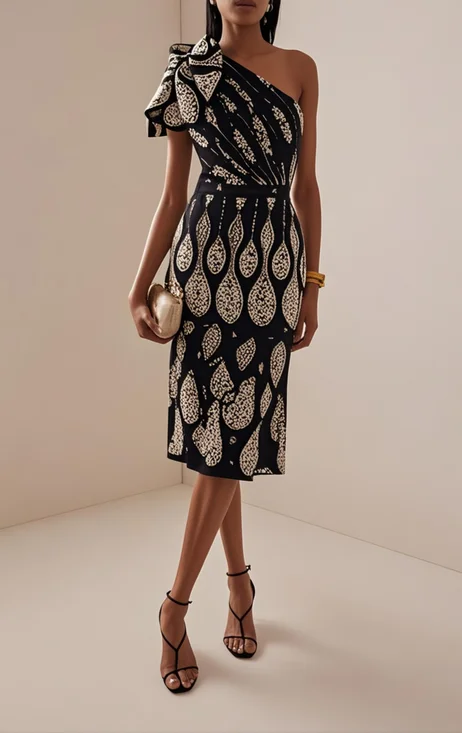 Black 3D Floral Embroidery Classic One Shoulder Sleeveless Bodycon Midi Dress