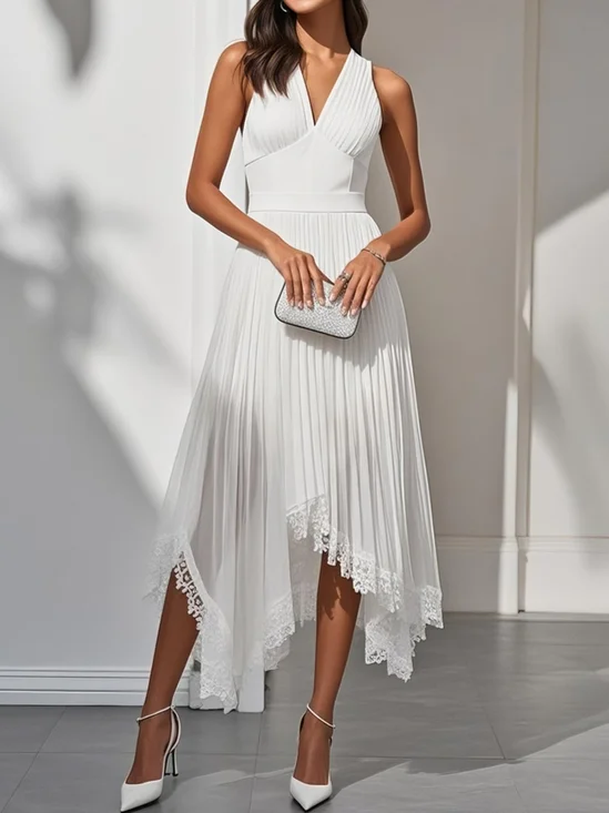 White Pleated Asymmetric Chiffon V Neck Sleeveless A-Line Midi Dress