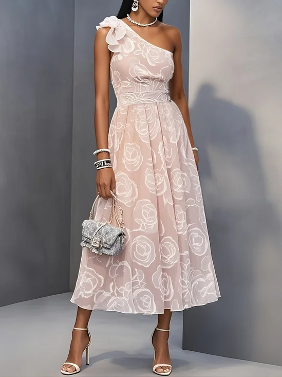 Pink Floral Bow Classic One Shoulder Sleeveless A-Line Midi Dress