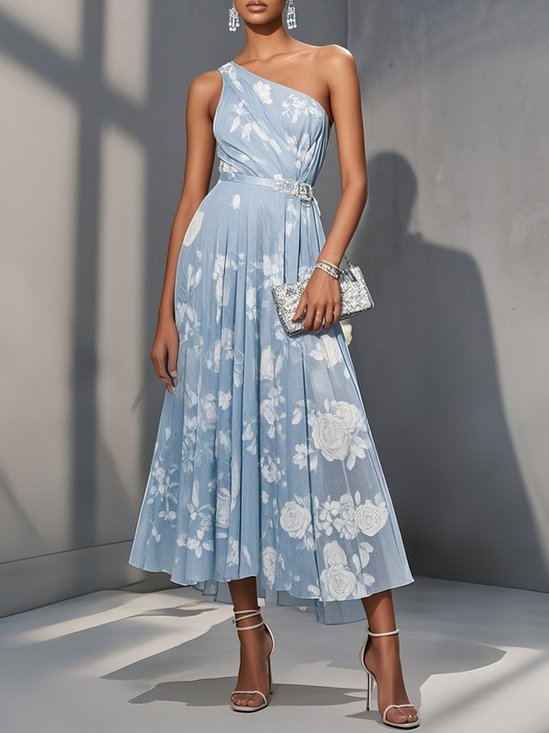 Light Blue Floral Ruched Classic One Shoulder Sleeveless A-Line Midi Dress
