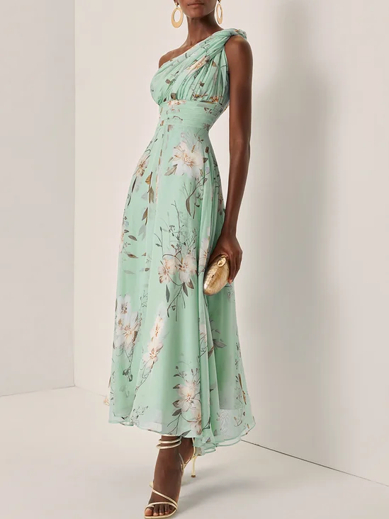 Light Blue Floral Ruched Chiffon One Shoulder Sleeveless A-Line Maxi Dress