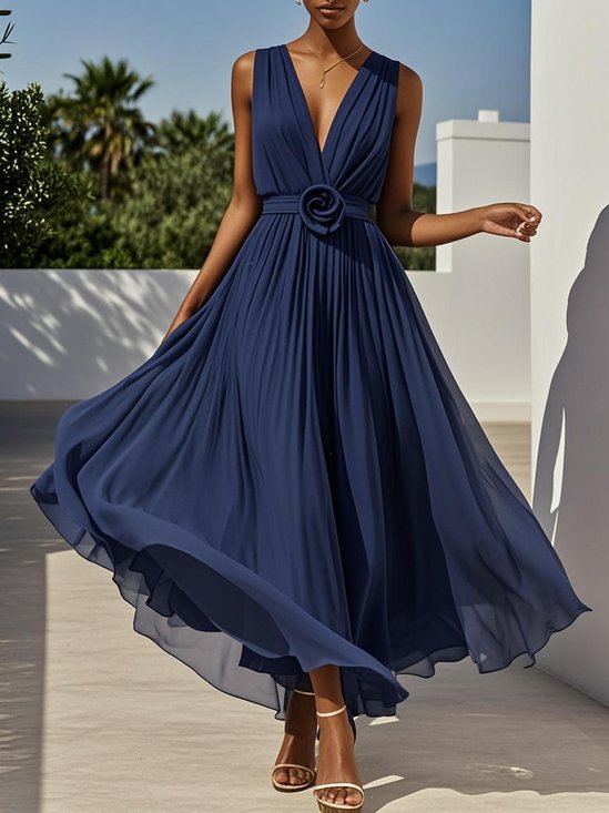 Purplish blue 3D Floral Pleated Chiffon V Neck Sleeveless A-Line Maxi Dress