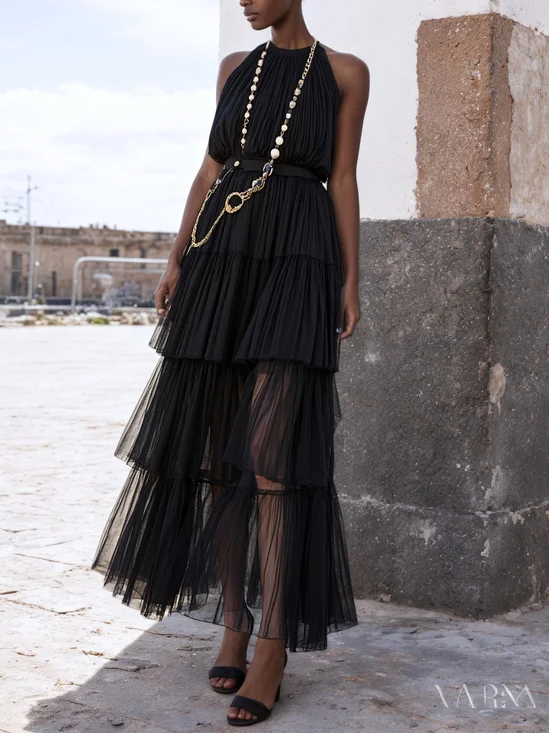 Black Ruffled Pleated Classic Crew Neck Sleeveless A-Line Maxi Dress