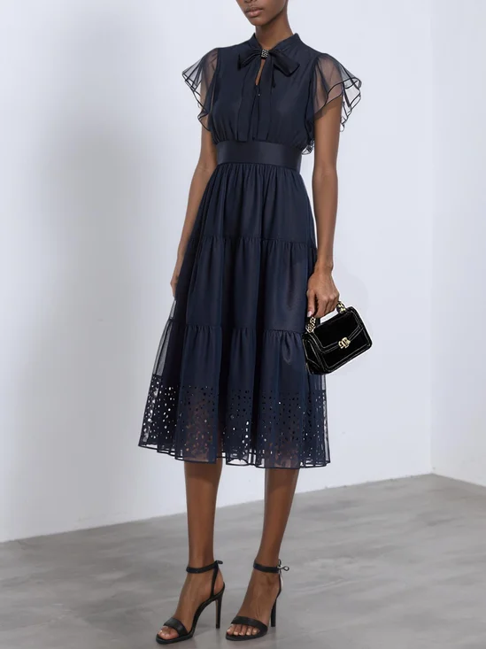 Purplish blue Bow Hollow Out Classic Crew Neck Short Sleeve Rhinestone Ruffle Sleeve A-Line Midi Dress
