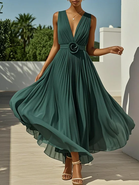 Pink 3D Floral Pleated Chiffon V Neck Sleeveless A-Line Maxi Dress