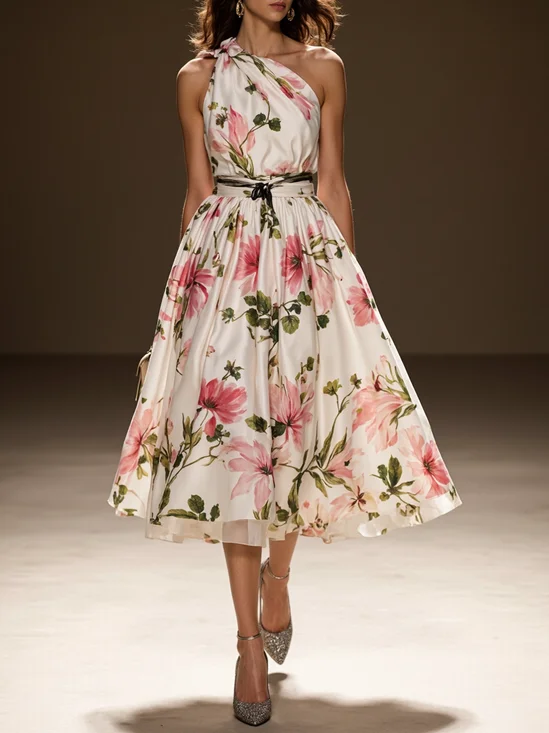 Pink Ruched Floral Classic One Shoulder Sleeveless A-Line Midi Dress