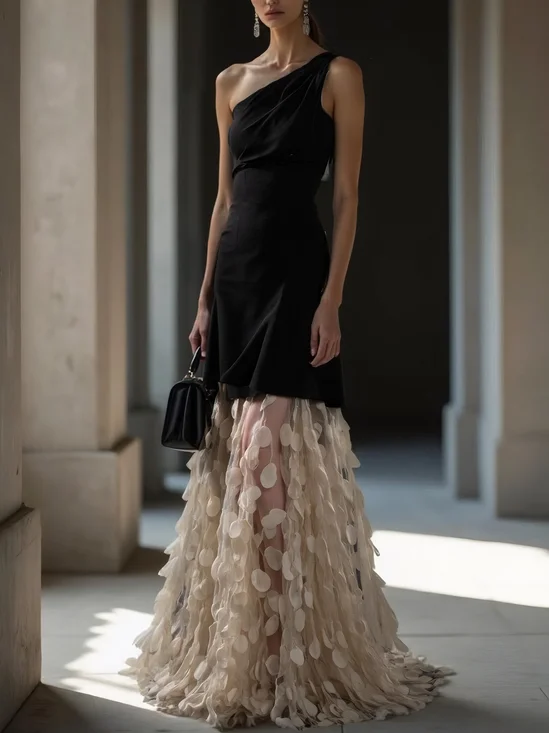 Black 3D Floral Mesh Classic One Shoulder Sleeveless A-Line Gown Dress