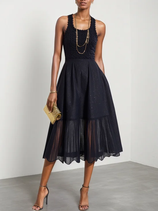 Black Jacquard Flash Classic Crew Neck Sleeveless A-Line Midi Dress