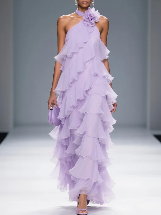 lavender Ruffled 3D Floral Chiffon Halter Sleeveless A-Line Maxi Dress