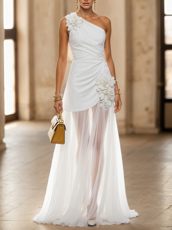White 3D Floral Ruched Classic One Shoulder Sleeveless A-Line Maxi Dress