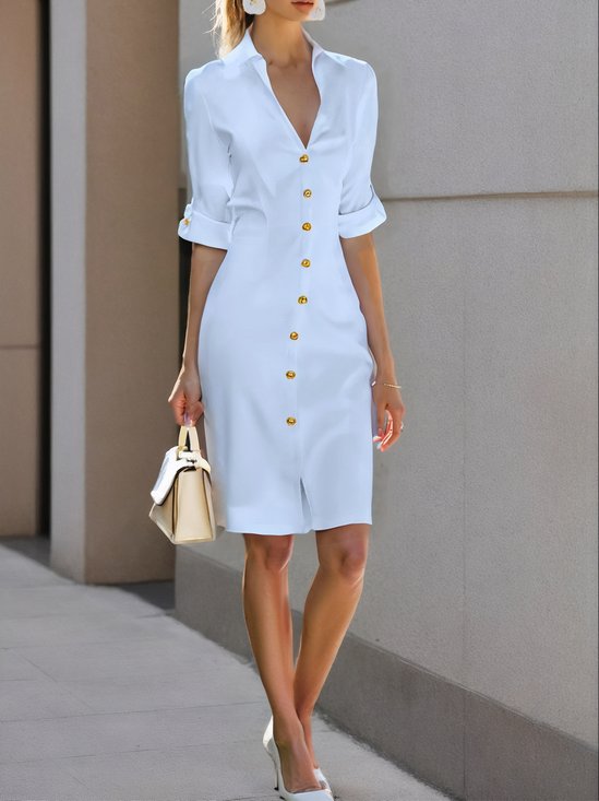 White Buckle Shirt Dress Shirt Collar Short Sleeve Sheath Midi Dress