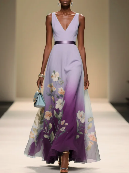 Light Blue Floral Chiffon V Neck Sleeveless A-Line Midi Dress