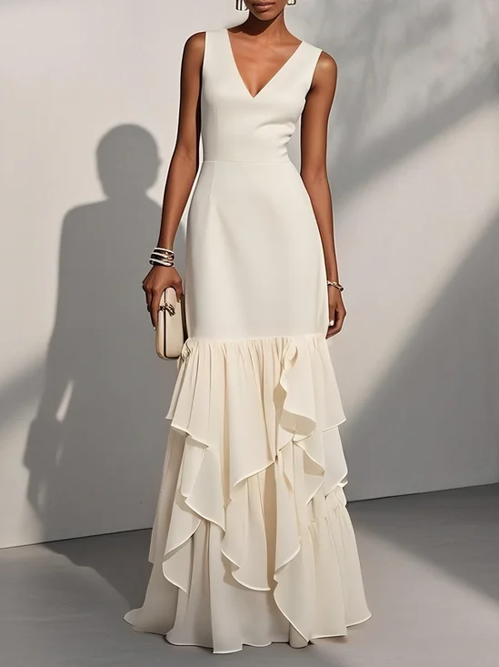 White Ruffled Classic V Neck Sleeveless Mermaid Maxi Dress