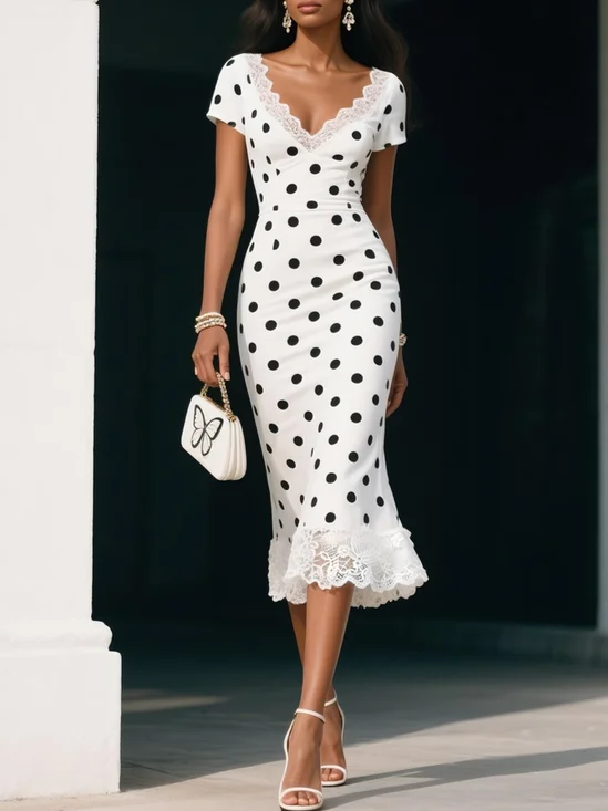 White Lace Classic V Neck Short Sleeve Sheath Midi Dress