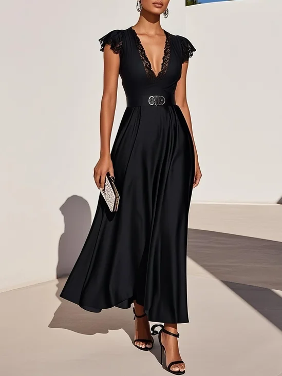 Black Lace Satin V Neck Short Sleeve A-Line Midi Dress