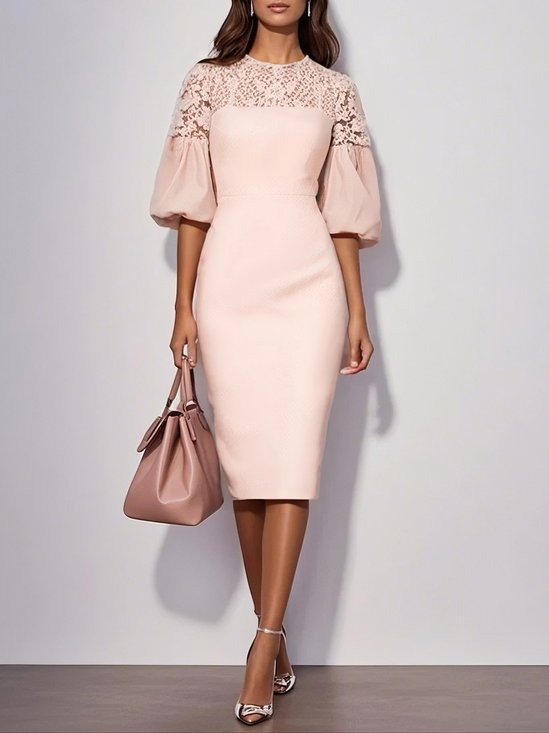 Pink Lace Classic Crew Neck Short Sleeve Balloon Sleeve Sheath Midi Dress