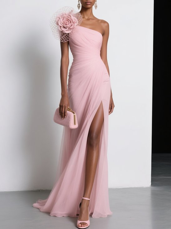 Pink 3D Floral Slit Classic One Shoulder Sleeveless Sheath Gown Dress