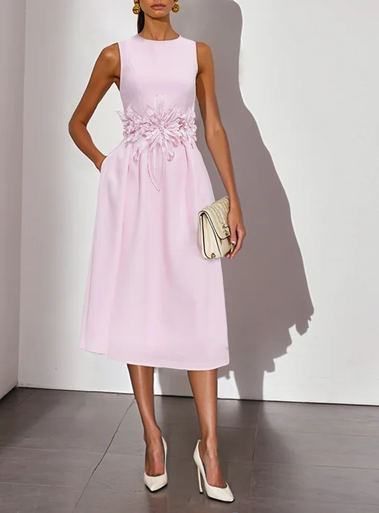 Pink 3D Floral Classic Crew Neck Sleeveless A-Line Midi Dress
