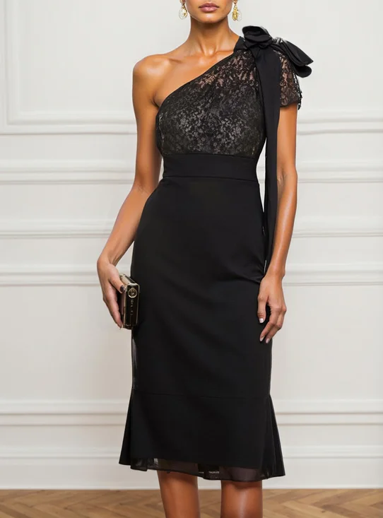 Black Lace Bow Lace One Shoulder Sleeveless Sheath Midi Dress