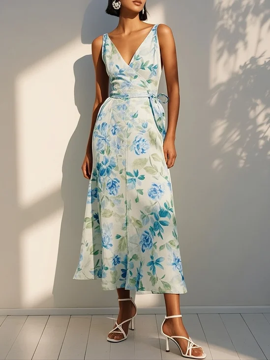 Green Floral Classic V Neck Sleeveless A-Line Midi Dress