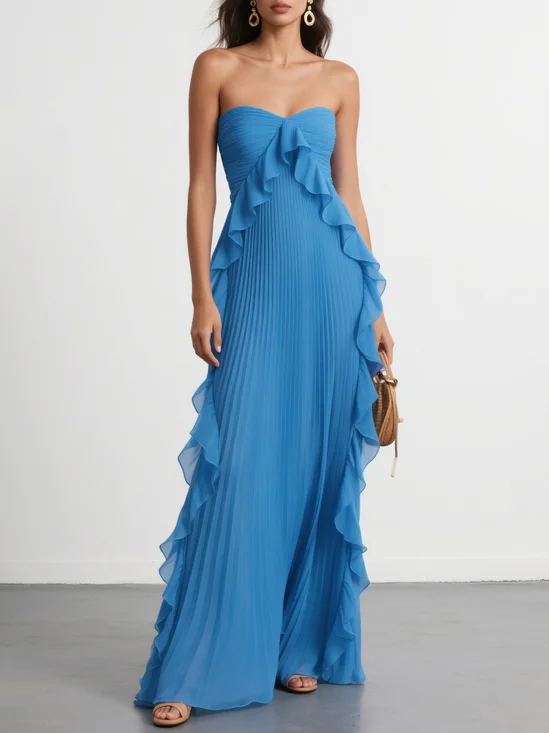 Blue Pleated Ruffled Chiffon Strapless Sleeveless A-Line Maxi Dress