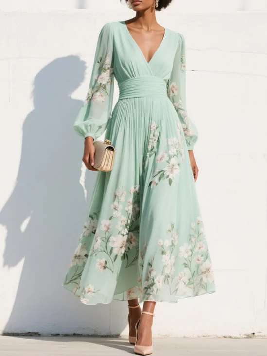 Lightgreen Ruched Floral Chiffon V Neck Long Sleeve Balloon Sleeve A-Line Maxi Dress