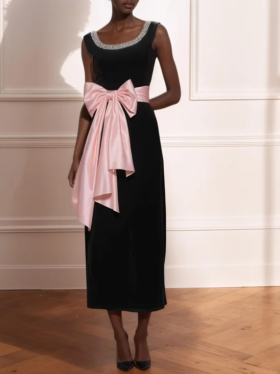 Black Bow Rhinestone Classic Spaghetti Gallus Sheath Midi Dress