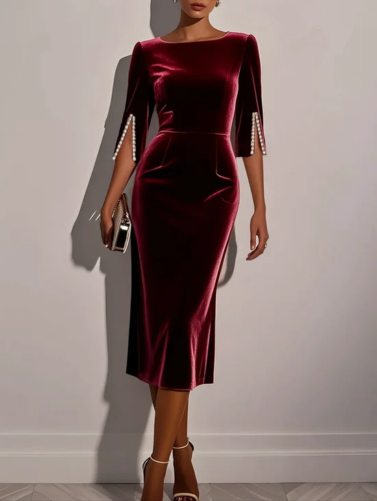 Wine Red Imitation Pearls Velvet Boat Neck Half Sleeve Sheath Midi Dress