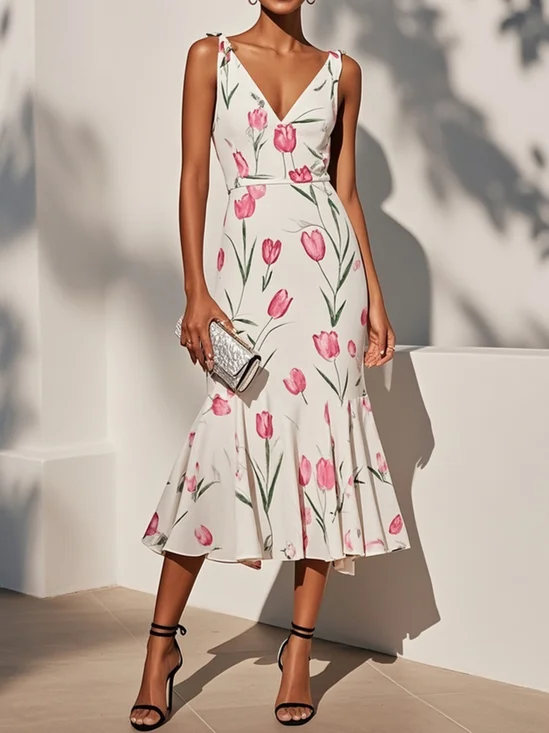 Pink Floral Classic V Neck Sleeveless Mermaid Midi Dress