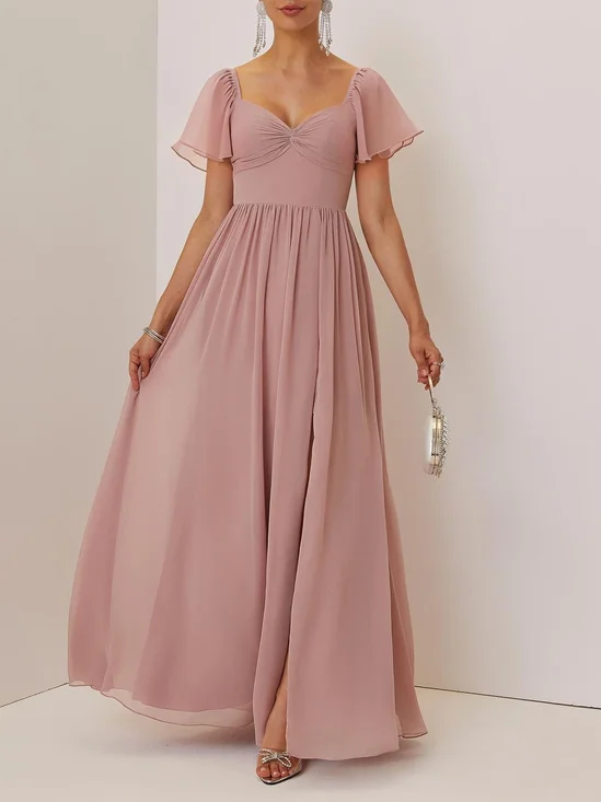 Pink Lace-up Ruched Chiffon Square Neck Gallus Bell Sleeve A-Line Maxi Dress