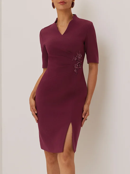 Wine Red Lace Ruched Classic V Neck Short Sleeve Bodycon Midi Dress