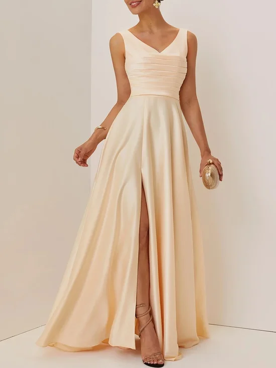 Champagne Ruched Slit Satin V Neck Sleeveless A-Line Maxi Dress