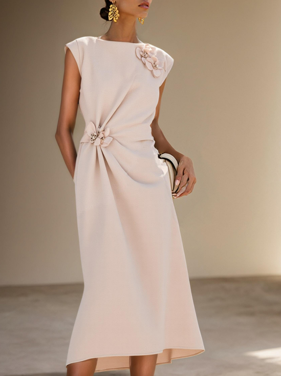 Pink 3D Floral Ruched Classic Crew Neck Sleeveless A-Line Midi Dress