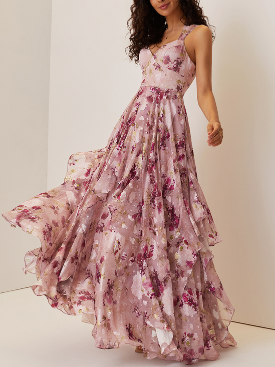 Pink Floral Jacquard Chiffon Sweetheart Neckline Sleeveless A-Line Maxi Dress