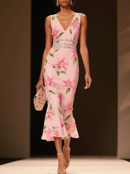 Pink Floral Rhinestone Chiffon V Neck Sleeveless Mermaid Midi Dress