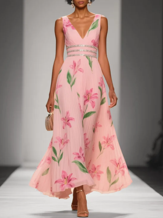 Pink Floral Pleated Chiffon V Neck Sleeveless A-Line Maxi Dress