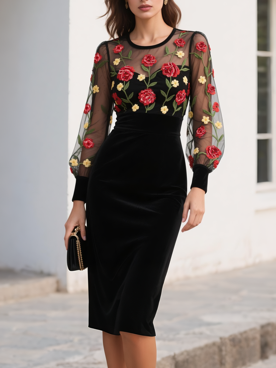 Black Lace Floral Ebroidered Velvet Crew Neck Long Sleeve Balloon Sleeve Sheath Midi Dress