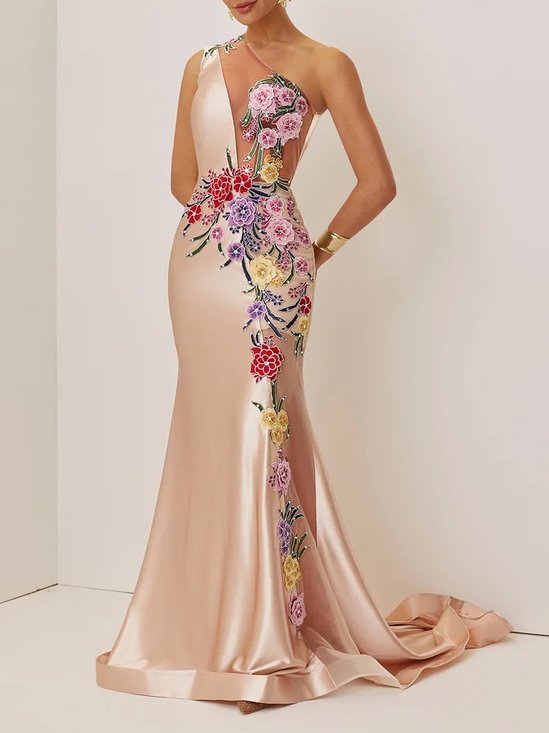 Champagne Applique Embroidery Prom Dress One Shoulder Sleeveless Mermaid Gown Dress