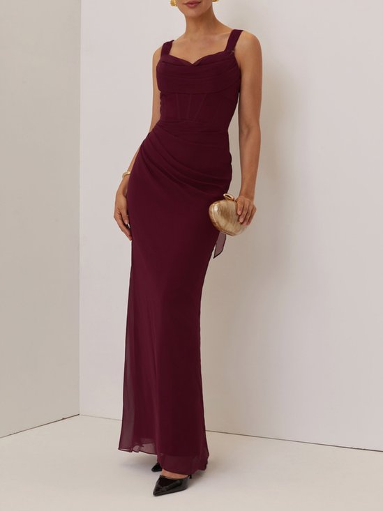 Wine Red Ruched Bow Prom Dress Spaghetti Sleeveless Sheath Maxi Dress