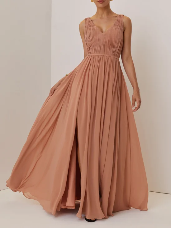 Pink Ruched Prom Dress V Neck Sleeveless A-Line Maxi Dress