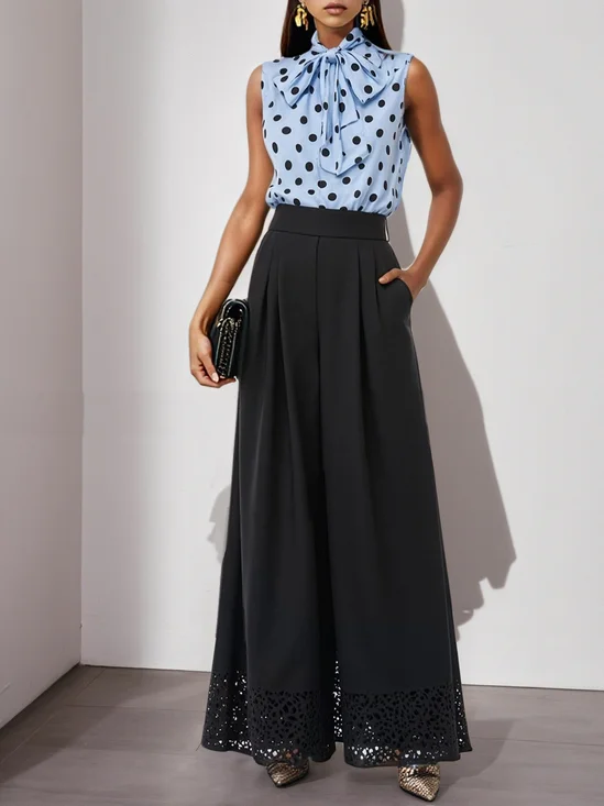 Women Black Lace Bow Crew Neck Sleeveless Two-Piece Set