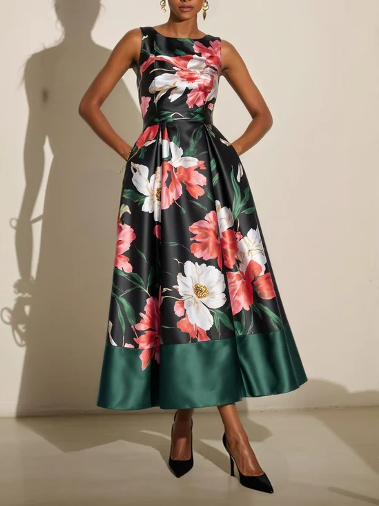 Green Ruched Classic Boat Neck Sleeveless A-Line Midi Dress