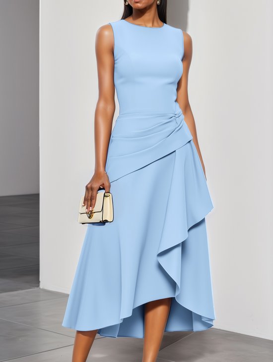 Blue Ruched Classic Crew Neck Sleeveless A-Line Midi Dress