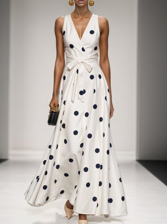 White Bow Classic V Neck Sleeveless A-Line Maxi Dress