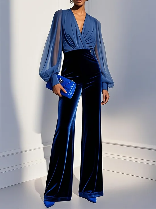 Royal Blue V Neck Mesh Long Sleeve Velvet Jumpsuit