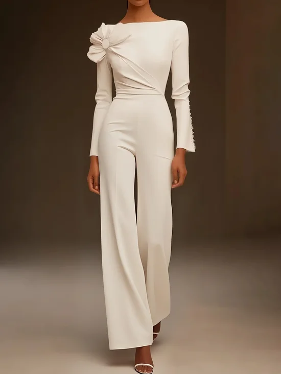 White Crew Neck Plain Bow Long Sleeve Jumpsuit