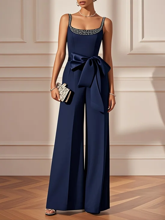 Purplish blue Bow Rhinestone Sleeveless Jumpsuit