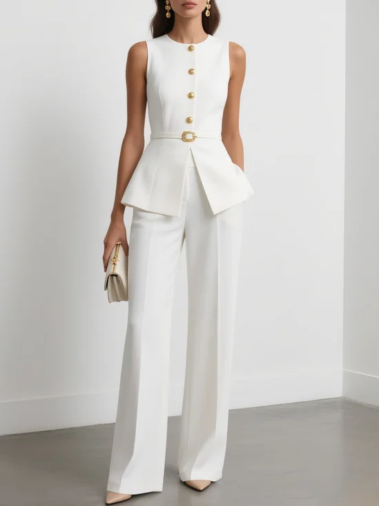 Women White Buckle Crew Neck Sleeveless Two-Piece Set