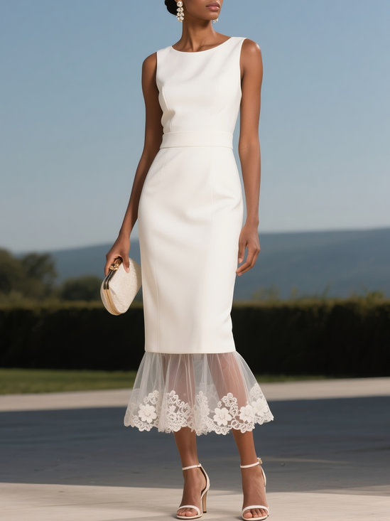 White Lace Classic Boat Neck Sleeveless Mermaid Midi Dress
