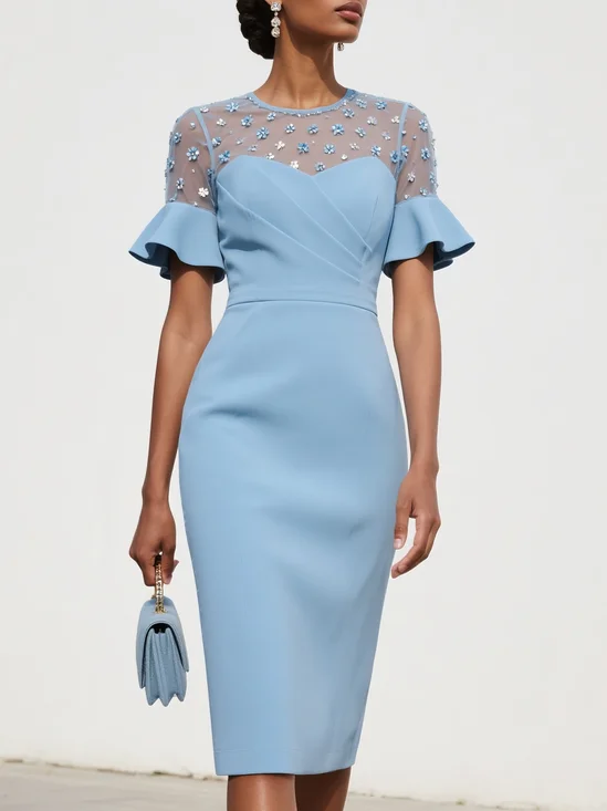 Light Blue Ruched Classic Crew Neck Short Sleeve Bell Sleeve Sheath Midi Dress